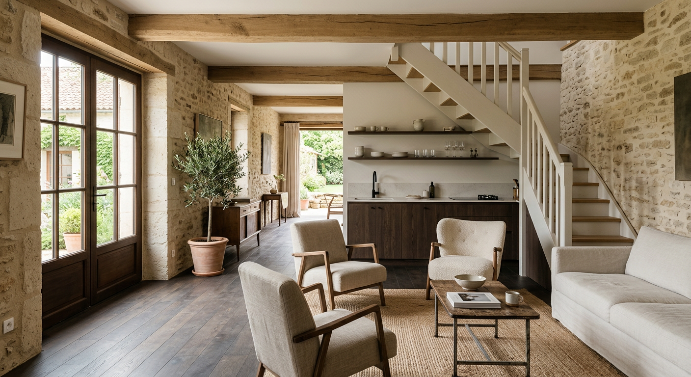 Intérieur de pierre apparente et poutres bois — l'art de vivre à Aix-les-Bains